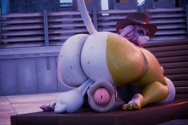 anthro balls big_balls big_breasts big_butt big_penis breasts brown_clothing brown_hat brown_headwear butt butt_focus clothing countershading foreskin fur genitals hat headgear headwear huge_breasts huge_butt hyper hyper_butt intersex long_foreskin looking_back pawpads paws penis pink_body pink_eyes pink_fur pink_pawpads raised_tail scrotum_flap solo tail white_body white_fur yellow_body yellow_fur maximumuwu epic_games fortnite fan_character meow_skulls calico_cat domestic_cat felid feline felis mammal 2026 3d_(artwork) digital_media_(artwork) hi_res