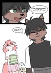 anthro black_hair blonde_hair blue_eyes blush blush_lines brown_body canid canine canis clothed clothing collar comic dialogue digital_media_(artwork) duo english_text female fox fur fur_(theterm) green_eyes hair hi_res human humanoid long_hair mammal night_(theterm) open_mouth pink_body pink_eyes pink_fur pink_hair pink_nose princess_hinghoi simple_background smile speech_bubble tail text wolf young