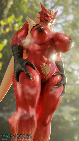 abs anthro areola beak big_breasts black_areola black_nipples blonde_hair blue_eyes bodily_fluids breasts female genitals hair hands_on_hips looking_at_viewer looking_down looking_down_at_viewer low-angle_view musk navel nipples non-mammal_breasts non-mammal_hair non-mammal_navel non-mammal_nipples non-mammal_vulva open_beak open_mouth outside pubes red_body red_vulva smile solo sweat vulva teknotyk chocoscorner_(modeler) nintendo pokemon blaziken generation_3_pokemon pokemon_(species) 3d_(artwork) 4k 9:16 absurd_res blender_(artwork) digital_media_(artwork) hi_res watermark