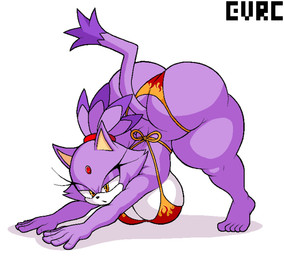 accessory anthro ass_up big_breasts big_butt bikini black_mouth black_nose breasts butt clothing eyelashes female forehead_gem gem hair hair_accessory hairband huge_butt huge_hips multicolored_body open_mouth orange_bikini orange_clothing orange_eyes orange_swimwear purple_body purple_ears purple_hair purple_tail red_bikini red_clothing red_gem red_hairband red_swimwear simple_background solo stretching swimwear tail tan_inner_ear text thick_thighs three-quarter_view two-piece_swimsuit two_tone_body white_background white_body wide_hips evrc sega sonic_the_hedgehog_(series) blaze_the_cat domestic_cat felid feline felis mammal 2026 artist_name cel_shading colored digital_media_(artwork) hi_res shaded