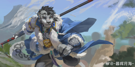 action_pose anthro black_bottomwear black_clothing black_hair black_nose black_pants blue_clothing blue_eyes blue_sky blue_topwear bottomwear clothed clothing day facial_spots fur grey_body grey_fur hair holding_object holding_weapon male male_anthro markings open_clothing open_topwear outside pants pose running short_hair sky solo spots spotted_face spotted_markings spotted_tail tail tail_markings topwear weapon white_body white_fur awaldkize felid mammal 2024 absurd_res dated hi_res signature