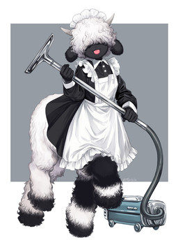 5_fingers apron black_body black_clothing black_dress black_fur black_wool cleaning_tool clothed clothed_female clothed_taur clothing dress female fingers fur hair hair_over_eyes holding_cleaning_tool holding_object holding_vacuum_cleaner maid_headdress maid_uniform quadruped solo tongue tongue_out uniform vacuum_cleaner white_apron white_body white_clothing white_fur white_wool wool_(fur) tsulala bovid bovid_taur caprine caprine_taur domestic_sheep mammal mammal_taur sheep sheep_taur taur valais_blacknose valais_blacknose_taur hi_res