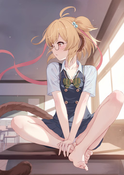 ahoge barefoot blonde_hair bottomwear classroom clothed clothing desk eyewear feet female furniture glasses hair humanoid_feet panties plantigrade school skirt table underwear upskirt kimblee_(artist) cygames granblue_fantasy andira_(granblue_fantasy) animal_humanoid humanoid mammal mammal_humanoid monkey_humanoid primate primate_humanoid absurd_res hi_res