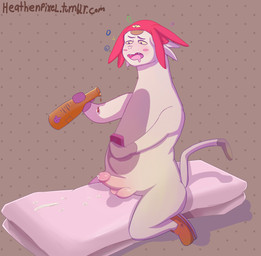 alcohol anthro balls beverage biped bodily_fluids cellphone clothing cum drunk electronics erection footwear genital_fluids genitals hat headgear headwear humanoid_genitalia humanoid_penis male mostly_nude penis phone shoes solo substance_intoxication heathenpixel space_dandy meow_(space_dandy) alien betelgeusian felid mammal hi_res