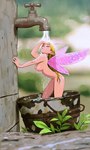 areola bathing big_breasts blonde_hair breasts bucket container eyebrows eyes_closed female hair humanoid_pointy_ears insect_wings long_hair nipples not_furry nude outside plant pointy_ears showering solo tap water wet wet_hair wings arttheratpist fairy humanoid 2025