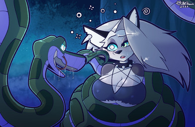 anthro big_breasts blush bodily_fluids breasts buccinator cleavage clothed clothing coiling collar countershading dominant dominant_male drooling duo female female_anthro feral fur hair hypnosis licking licking_lips male male/female male_dominating_female male_feral mind_control nipple_outline nipples open_mouth piercing restrained ringed_eyes saliva serpentine spikes submissive submissive_female sweat tongue tongue_out white_body white_fur outletdraws disney hellaverse helluva_boss mythology the_jungle_book kaa_(jungle_book) loona_(helluva_boss) canid canid_demon canine demon hellhound indian_python mammal mythological_canine mythological_creature python reptile scalie snake 2022 crossover digital_media_(artwork) hi_res