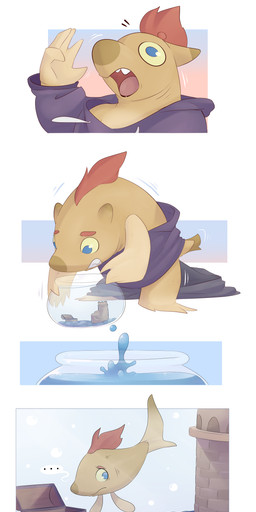 anthro anthro_to_feral aquarium blue_eyes brown_body clothing feral fish_bowl hoodie looking_up male mid_transformation purple_clothing purple_hoodie purple_topwear shrinking shrinking_out_of_clothes simple_background size_transformation solo species_transformation surprised topwear transformation treasure_chest underwater vivarium water fauvfox fauv_(fauvfox) aquatic canid canine fish fox mammal 2024 absurd_res digital_media_(artwork) hi_res