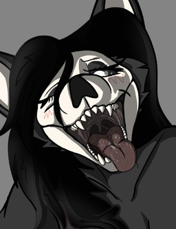 anthro black_hair black_sclera blush blush_lines bone cheek_tuft eyelashes facial_tuft female front_view fur grey_background grey_body grey_fur hair long_hair looking_at_viewer one_eye_closed open_mouth sharp_teeth simple_background skull skull_head solo teeth tongue tongue_out tuft uvula white_eyes wink winking_at_viewer pen-and-paper scp_foundation scp-1471-a canid canid_demon demon malo mammal skull_dog skulldog_(species) hi_res