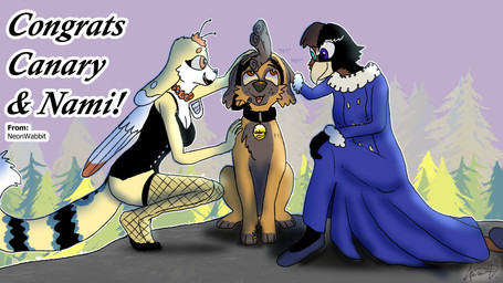 accessory anthro beak black_body black_corset black_feathers blue_body blue_clothing blue_dress blue_footwear blue_fur blue_inner_ear blue_shoes breasts brown_body brown_feathers brown_nose cliff clothing collar congratulations corset digit_ring dress electronics engagement engagement_ring eyebrows feathers female feral flower flower_in_hair flower_necklace footwear forest fur gift gold_buttons grey_body grey_fur group hair hair_accessory headgear headpat headphones headset headset_microphone hibiscus jewelry legwear lingerie male orange_body orange_eyebrows orange_eyes orange_feathers orange_flower orange_fur petting plant purple_eyes purple_inner_ear ring shoes stockings tan_body tan_fur teal_eyes text topwear tree trio white_body white_feathers white_fluff white_fur yellow_beak yellow_body yellow_fur neonwabbit aurora_australis_(neonwabbit) canary_(canaryprimary) sunny_(neonwabbit) avian bird canary_mastiff canid canine canis domestic_dog emu flicker_(bird) fox hybrid lagomorph leporid mammal northern_flicker picid presa_canario rabbit ratite 16:9 2025 2026 digital_drawing_(artwork) digital_media_(artwork) english_text hi_res widescreen
