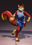 anthro athletic athletic_anthro athletic_male ball basketball basketball_(ball) basketball_court basketball_uniform blue_clothing bottomwear buckteeth cheek_tuft claws clothed clothing countershade_face countershade_torso countershading dipstick_tail ear_tuft facial_tuft feet fingerless_(marking) fluffy fluffy_tail front_view fur gloves_(marking) head_tuft holding_ball holding_object humanoid_feet humanoid_hands indian_flag leg_markings long_tail looking_away male markings multicolored_tail photo_background pink_eyes plantigrade raised_leg red_body red_fur red_nose reverse_countershading shirt shorts socks_(marking) solo sport sportswear tail tail_markings tank_top teeth text toeless_(marking) topwear tuft uniform walking white_body white_claws white_countershading white_fur yellow_body yellow_countershading yellow_fur asterionblazing fba moby_(jaggers) giant_squirrel indian_giant_squirrel mammal rodent sciurid tree_squirrel 2012 digital_media_(artwork) english_text full-length_portrait photography_(artwork) portrait watermark