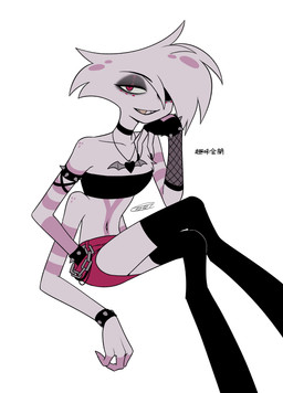 4_arms alternative_fashion bracelet cartoon_freckles choker eyelashes eyeshadow freckled_shoulders freckles glistening_eyelids goth jewelry long_eyelashes makeup male multi_arm multi_limb necklace simple_background solo spiked_bracelet spikes text white_background enaic31 hazbin_hotel hellaverse angel_dust arachnid arthropod demon humanoid spider absurd_res hi_res japanese_text translation_request