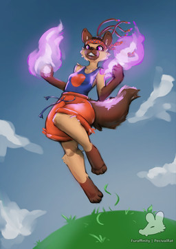 accessory anthro barefoot black_lips blue_clothing blue_sky blue_topwear bottomwear brown_body brown_fur brown_hair clothed clothing cloud day elemental_manipulation eyelashes feet female fire fire_manipulation fur grass hair headband hindpaw lips logo magic_user midair multicolored_body multicolored_fur orange_bottomwear orange_clothing orange_shorts outside paws plant purple_eyes shorts sky snout solo tail tan_body tan_fur text topwear two_tone_body two_tone_fur pecivalrat hanoo_telescrista hyena mammal 2025 absurd_res artist_logo artist_name digital_media_(artwork) digital_painting_(artwork) hi_res painting_(artwork) shaded