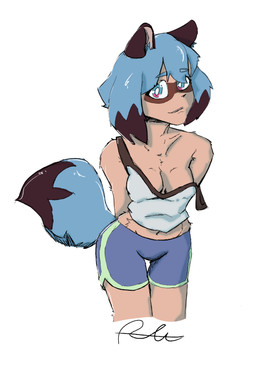 anthro blue_hair blue_tail bottomwear breasts cleavage clothed clothing coy dark_ears dipstick_hair dipstick_tail facial_markings female fluffy fluffy_tail glistening glistening_hair glistening_tail hair hand_behind_back head_markings looking_at_viewer markings mask_(marking) midriff multicolored_eyes navel off_shoulder shorts solo tail tail_markings tan_body dextrose_(artist) brand_new_animal studio_trigger michiru_kagemori canid canine mammal raccoon_dog tanuki absurd_res hi_res signature