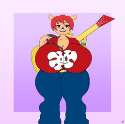 5_fingers anthro armband bedroom_eyes belt big_breasts black_nose bottomwear breasts cleavage clothed clothing electric_guitar eyelashes female fingers fur guitar hair half-closed_eyes holding_object horn huge_breasts hyper hyper_breasts looking_at_viewer musical_instrument narrowed_eyes open_mouth open_smile oversized_bottomwear oversized_clothing oversized_pants pants pink_background pink_tongue plucked_string_instrument purple_background purple_eyes red_hair seductive shirt simple_background smile solo standing string_instrument tan_body tan_fur teeth thick_thighs tongue topwear wide_hips y2k_(fashion) ashardy parappa_the_rapper sony_corporation sony_interactive_entertainment um_jammer_lammy lammy_lamb bovid caprine mammal sheep absurd_res hi_res