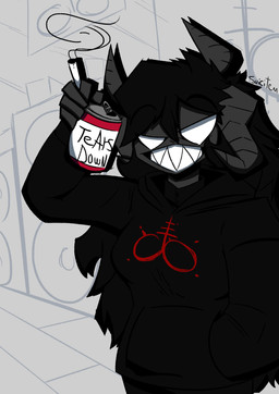 4_horns beverage_can black_body black_hair black_skin breasts can cigarette clothed clothing container detailed_background empty_eyes female front_view fully_clothed grin hair hand_in_pocket holding_can holding_cigarette holding_container holding_object hoodie horn long_hair looking_at_viewer multi_horn not_furry pockets sharp_teeth smile smoking solo speaker teeth topwear white_eyes suicitem the_binding_of_isaac_(series) siren_(tboi) demon demon_humanoid horned_humanoid humanoid absurd_res half-length_portrait hi_res portrait