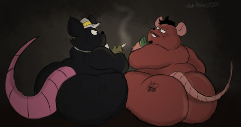 anthro big_butt biped black_body black_fur brown_body brown_fur butt clothing duo facial_hair fur hat headgear headwear male money mustache overweight overweight_male rodent_tail sitting smoking tail chonkymouse mammal mouse murid murine rodent 2026 absurd_res hi_res