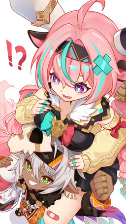 accessory ahoge animal_ears band-aid bandage bell_accessory big_breasts bodily_fluids bone bone_mask bow_tie breasts clothing confusion ear_piercing ear_ring female green_eyes grey_hair hair hair_accessory headgear headkerchief headwear highlights_(coloring) holding_another kerchief long_hair mask open_mouth piercing pink_hair pointy_ears prick_ears purple_eyes raised_arm ring_piercing simple_background sitting sitting_on_another skull skull_mask smile sweat white_background miminming genshin_impact mihoyo iansan_(genshin_impact) varesa_(genshin_impact) animal_humanoid bovid bovid_humanoid bovine bovine_humanoid cattle_humanoid humanoid mammal mammal_humanoid absurd_res hi_res