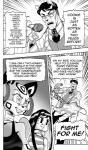 anthro breasts clothed clothing comic cookie_(furryfight_chronicles) daigaijin dialogue domestic_cat english_text felid feline felis female furryfight_chronicles hair hi_res male mammal monochrome peki_polight rodent sciurid shun_gonfano text tree_squirrel
