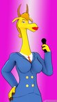 anthro big_breasts blonde_hair blue_eyes breasts clothed clothing ear_piercing electronics eyeshadow female fingers fur hair hooved_fingers hooves horn lips lipstick long_neck long_snout looking_at_viewer makeup microphone necktie piercing purple_eyeshadow simple_background snout solo standing stare suit text thick_lips carbiid3 cartoon_network johnny_bravo_(series) mary_antelope antelope bovid mammal 3d_(artwork) 9:16 artist_name digital_media_(artwork) hi_res