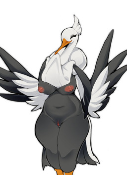 anthro beak big_breasts breasts clitoris eyes_closed feathers female front_view genitals grey_body grey_feathers inverted_nipples mouth_hold navel nipples simple_background solo thick_thighs thigh_gap vulva white_background white_body white_feathers wide_hips wings chaichai nintendo pokemon avian bombirdier generation_9_pokemon pokemon_(species) 2025 hi_res portrait three-quarter_portrait