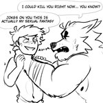 anthro arm_wraps asphyxiation blush choking duo fangs humor male male/male muscular muscular_male nipples slim teeth text wraps wild_tapioca far_beyond_the_world_(series) caelan_(far_beyond_the_world) vulgor_(far_beyond_the_world) canid canine canis human mammal wolf 1:1 english_text hi_res monochrome sketch