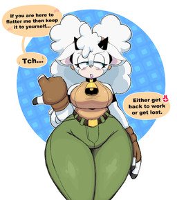 annoyed anthro big_breasts blue_eyes breasts female fluffy fluffy_hair hair horn solo text thick_thighs white_hair wide_hips feladrine idw_publishing sega sonic_the_hedgehog_(comics) sonic_the_hedgehog_(idw) sonic_the_hedgehog_(series) lanolin_the_sheep_(sonic) bovid caprine mammal sheep absurd_res english_text hi_res