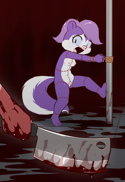 3_toes animal_butchery_diagram anthro arms_tied blood blood_on_floor blood_on_hand blood_on_weapon bodily_fluids bound breasts butt butt_from_the_front cleaver crying duo feet female fluffy fluffy_tail fur genitals gloves_(marking) helpless horror_(theme) imminent_death imminent_vore markings natural_breasts navel nipples nude pink_nose plantigrade pole purple_body purple_fur rope ryona scared screaming striped_markings striped_tail stripes struggling tail tail_markings tears tied_to_pole toes vulva weapon e254e tiny_toon_adventures warner_brothers fifi_la_fume lin_(e254e) ailurid mammal mephitid red_panda skunk absurd_res hi_res