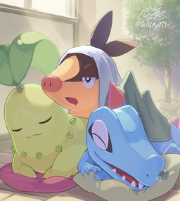 ambiguous_gender bedding blanket blue_body bodily_fluids bubble eyes_closed fangs feral green_body group half-closed_eyes leaf_(anatomy) narrowed_eyes on_pillow open_mouth orange_body pillow plant sleeping sleeping_together snot snot_bubble teeth tired tongue trio tatumi079 nintendo pokemon chikorita crocodilian elemental_creature flora_fauna generation_2_pokemon generation_5_pokemon mammal pokemon_(species) reptile scalie suine tepig totodile 2026 hi_res signature