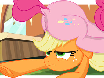 annoyed anus blonde_hair bodily_fluids butt_crush cum cutie_mark duo female feral fur genital_fluids genitals green_eyes grumpy hair orange_body orange_fur pink_body pink_fur pink_hair sitting tail territorial unimpressed vulva window unknown_artist friendship_is_magic hasbro my_little_pony applejack_(mlp) pinkie_pie_(mlp) earth_pony equid equine horse mammal pony 4:3