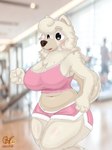 athletic_wear big_breasts bottomwear bra breasts clothing female gym_bottomwear gym_shorts photo_background shorts solo sports_bra underwear alexnik bluey_(series) wendy_(bluey) canid canine canis chow_chow domestic_dog mammal spitz 3:4 hi_res photography_(artwork)