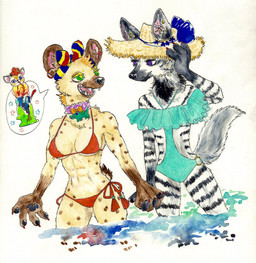 abs anthro athletic athletic_female bikini blood bodily_fluids breasts cleavage clothed clothing duo ear_piercing ear_ring female fur green_eyes group hand_holding hat headgear headwear markings one-piece_swimsuit piercing purple_eyes ring_piercing simple_background stripes swimwear two-piece_swimsuit under_boob water white_background kyokyota mihana_(kyokyota) quito_(kyokyota) hyena mammal spotted_hyena striped_hyena 2018 hi_res traditional_media_(artwork)
