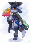 academic_dress anthro biped blue_body blue_fur bouquet cloak clothed clothing flower fur graduation handpaw hat headgear headwear looking_at_viewer male necktie on_one_leg paws plant red_eyes scroll solo square_academic_cap standing tassels haychel nintendo pokemon canid canine generation_4_pokemon mammal pokemon_(species) riolu digital_media_(artwork) full-length_portrait portrait