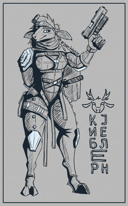 anthro barefoot ears_down eyebrows feet female fur gun hair hooves melee_weapon pivoted_ears ranged_weapon smile solo sword text weapon mawkvlt deer mammal 5:8 hi_res monochrome serbian_text