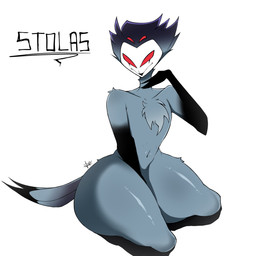 anthro big_butt butt fur grey_body grey_fur grey_hair hair looking_at_viewer male nude red_eyes simple_background sitting smile smiling_at_viewer solo thick_thighs white_background white_face flowing_edge hellaverse helluva_boss stolas_(helluva_boss) avian avian_demon bird demon owl owl_demon hi_res