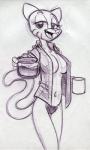 anthro beverage big_breasts bottomless breasts cartoon_network clothed clothing coffee coffee_cup container cup domestic_cat erect_nipples felid feline felis female fur king-cheetah looking_at_viewer mammal mature_anthro mature_female monochrome navel nicole_watterson nipples no_bra open_clothing open_mouth open_shirt open_topwear panties shirt solo the_amazing_world_of_gumball topwear underwear