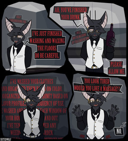 4_panel_comic 5_fingers accessory alcohol anthro belt beverage big_ears biped black_body black_bottomwear black_claws black_clothing black_ears black_fur black_hair black_pants black_shirt black_topwear bottle bottomwear button_(fastener) cabinet claws clothing container creepy dialogue ear_piercing ellipsis employee eye_through_hair eyebrow_through_hair eyebrows eyewear fangs finger_claws fingers floor fur glasses gold_(metal) gold_buckle gold_button_(fastener) gold_glasses gold_jewelry gold_piercing hair holding_beverage holding_bottle holding_container holding_object humanoid_hands insecure inside interrobang jealous jewelry kitchen looking_at_viewer male markings massage mental_illness motion_lines necktie obscured_text offering_to_viewer offscreen_character open_mouth pants piercing pink_eyes pink_inner_ear pink_tongue pupils raised_eyebrow red_text scar shaking shirt slit_pupils snout solo speech_bubble standing suit teeth text thought_bubble tongue topwear translucent translucent_hair walking_towards_viewer wall_(structure) wearing_glasses white_belt white_body white_clothing white_fur white_markings white_necktie white_suit white_text wine working worried suitedwolfie cain_(suitedwolfie) bat mammal wingless_bat 2026 artist_name comic digital_drawing_(artwork) digital_media_(artwork) english_text hi_res shaded