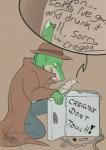 alcohol anthro appliance beer beverage chain clothed clothing fedora fridge fully_clothed hat headgear headwear kitchen_appliance lock male marker note simple_background solo text upset white_background philfox cregon alligator alligatorid crocodile crocodilian reptile scalie hi_res sketch