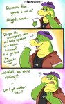 4_fingers anthro blush bodily_fluids clothing dialogue fingers hat headgear headwear humanoid_hands kemono shirt solo sweat text topwear keeperaft brok_the_investigator cowcat_games brok_(brok_the_investigator) alligator alligatorid crocodilian reptile scalie 2023 5:8 comic english_text hi_res