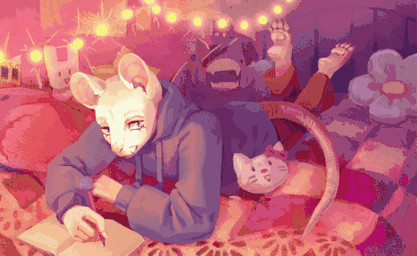 anthro barefoot bed bedding bedroom blanket blue_eyes bottomwear clothed clothing ears_up feet female fully_clothed fur furniture hoodie lying on_front pants pillow soles solo string_lights tail toes topwear white_body white_fur writing_text shapavoid ikea blahaj lux_forest mammal mouse murid murine rodent 2d_animation animated low_res motion_tweening