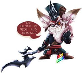 anthro axe battle_axe blind_eye clothed clothing costume dialogue double_bitted_axe eye_scar facial_scar fantasy_weapon fur hair hat headgear headwear long_hair looking_at_viewer male melee_weapon ponytail scar simple_background smile solo standing teeth text weapon white_background white_body white_fur fwuffyfurry league_of_legends riot_games tencent kled_(lol) mammal yordle english_text hi_res