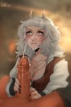 bodily_fluids brown_hair clothed clothing cum cum_drip cum_on_face dripping duo ejaculation fellatio female genital_fluids hair horn humanoid_pointy_ears jewelry male male/female not_furry oral pale_skin partially_clothed pendant penile pointy_ears red_body red_skin ruined_makeup sex white_hair untitledexpression dungeons_and_dragons hasbro wizards_of_the_coast humanoid tiefling hi_res