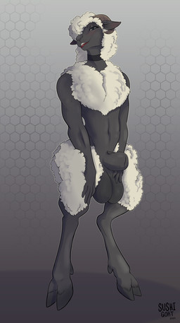 animal_genitalia anthro balls blush genitals holding_sheath hooves horn male nude open_mouth open_smile sheath smile solo standing sushigoat emile_(caldariequine) bovid caprine mammal sheep absurd_res hi_res