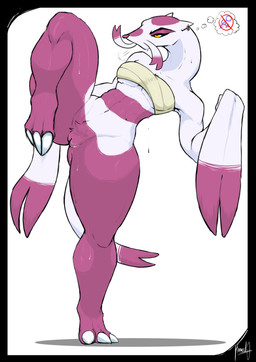 anthro athletic blue_sclera bodily_fluids bra butt claws clothing ear_piercing ear_ring eyelashes feet female female_anthro fighting_pose genitals leaking_vagina magenta_body muscular muscular_arms muscular_female one_leg_on_ground one_leg_up piercing pose pubes raised_leg ring_piercing solo strapless_bra strapless_clothing strapless_underwear sweat sweatdrop sweaty_butt sweaty_genitalia sweaty_legs sweaty_thighs sweaty_vulva tail thick_thighs thought_bubble toe_claws toned_female underwear vulva white_body wrinkles yellow_eyes kokol115 nintendo pokemon millenia_shiao generation_5_pokemon mienshao pokemon_(species) shiny_pokemon absurd_res hi_res