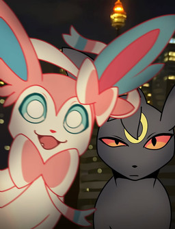 :d ambiguous_gender big_pupils black_body black_fur blue_eyes bow_(feature) city city_background different_colored_ears duo fangs fur happy head_tuft looking_at_viewer multicolored_body night open_mouth outside photo_background pink_body pink_ears pink_fur pupils red_eyes reference_image_at_source serious serious_face smile teeth tuft white_body white_fur odeko-yma nintendo pokemon eeveelution generation_2_pokemon generation_6_pokemon pokemon_(species) sylveon umbreon 2025 colored digital_media_(artwork) draw_over hi_res photography_(artwork) shaded