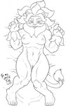 anthro breasts female fur genitals hair looking_at_viewer lying nipples nude on_back pussy smile solo daigaijin furryfight_chronicles donkizari felid feline lion mammal pantherine 2023 absurd_res hi_res monochrome