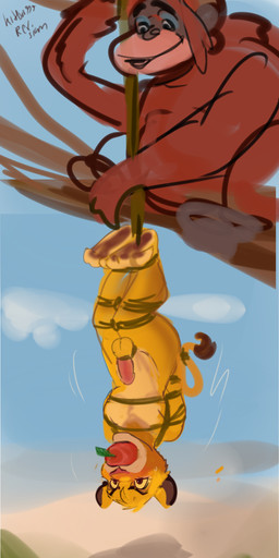 anthro anthrofied apple_gag bound bound_and_gagged capture captured duo embarrassed erection feral gag gagged genitals hanging_by_feet hanging_upside_down humiliation kidnapping male male/male male_lion penis plant struggling upside_down vine_bondage vines young young_anthro young_male second_kittisri disney the_lion_king king_louie simba_(the_lion_king) ape felid haplorhine lion mammal monkey orangutan pantherine primate absurd_res hi_res