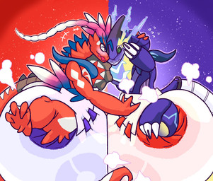 3_fingers 3_toes 4_toes ambiguous_gender anthro arm_around_neck big_diaper black_horn black_sclera black_spikes black_tail blue_body blue_feathers blush blush_lines bodily_fluids claws clean_diaper clothed clothing cloud_emanata cuddling diaper diaper_only diaper_puff duo emanata feathers feet finger_claws fingers flying_sweatdrops hand_on_back hand_on_diaper head_horn heads_together horn markings membrane_(anatomy) multicolored_body multicolored_feathers open_mouth open_smile pink_body pink_feathers purple_background purple_body red_background red_body red_claws red_tail simple_background smile sparkles spiked_tail spikes spikes_(anatomy) spiral spiral_eyes sweat sweatdrop tail toe_claws toes topless touching_diaper wavy_mouth wearing_diaper webbed_feet webbed_hands white_body white_claws white_feathers white_markings white_tail yellow_body diaperteetah nintendo pokemon ancient_pokemon apex_build_koraidon future_pokemon generation_9_pokemon koraidon legendary_pokemon miraidon paradox_pokemon pokemon_(species) ultimate_mode_miraidon 2025 hi_res signature female_(lore)