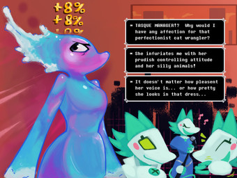 blush clothing crush dialogue dress duo electronics embarrassed exclamation_point female female/female gameplay_mechanics interrobang microphone question_mark text text_box thought_bubble tsundere water freaky_frohicky deltarune undertale_(series) miss_mizzle tasque_manager darkner elemental_creature felid feline humanoid mammal mizzle_(deltarune) water_creature 2025 digital_media_(artwork) english_text hi_res
