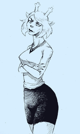 2_horns anthro antlers big_breasts biped bottomwear breasts clothed clothed_anthro clothed_female clothing crossed_arms curved_eyebrows eyebrows eyelashes female fingernails fingers fully_clothed fully_clothed_anthro fully_clothed_female gem hair hand_on_arm hand_on_own_arm horn jewelry lips looking_at_viewer mature_anthro mature_female mouth_closed nails necklace pearl_(gem) pearl_necklace resting_bitch_face shirt short_hair skirt solo standing t-shirt thick_eyebrows thick_lips thick_thighs three-quarter_view topwear wide_hipped_anthro wide_hipped_female wide_hips paisleyrose103 deltarune undertale_(series) carol_holiday deer mammal new_world_deer reindeer 2025 blue_theme digital_drawing_(artwork) digital_media_(artwork) hi_res monochrome portrait three-quarter_portrait
