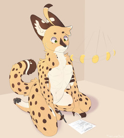 ahoge anthro brown_body brown_fur circle_eyebrows eyebrows feet fur green_eyes hair hindpaw hypnosis job_application male markings mind_control nude ocelli_(marking) paws pen pendulum pendulum_swing simple_background solo spots spotted_body spotted_fur tail tan_body tan_fur text yellow_body yellow_fur thelonearch arch_(thelonearch) felid feline mammal serval english_text hi_res watermark